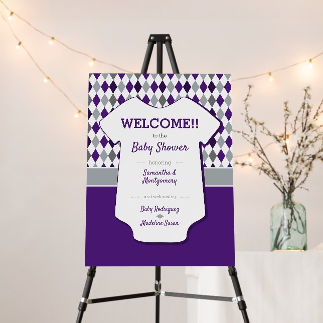 Purple & Silver Gray Argyle Pattern Baby Shower Fo Foam Board (In Situ (Stand))