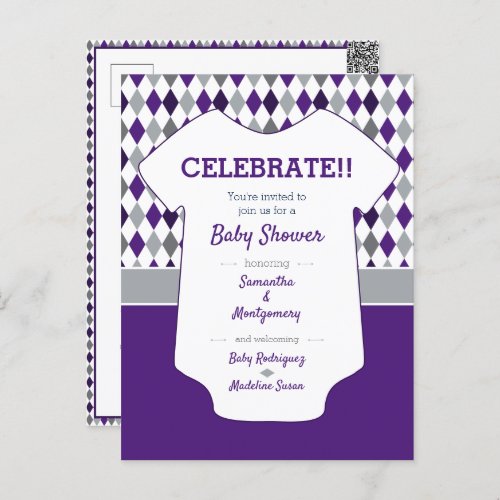 Purple  Silver Gray Argyle Pattern Baby Shower Postcard