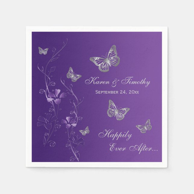 Purple Silver Gray Butterfly Floral Paper Napkins (Front)