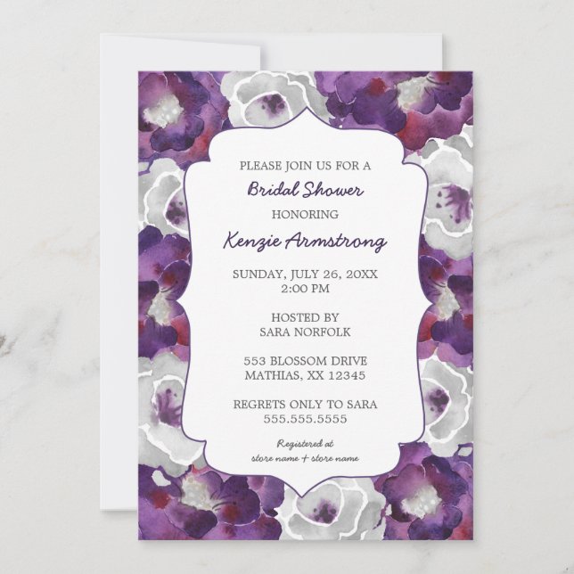 Purple silver gray floral bridal shower invites (Front)