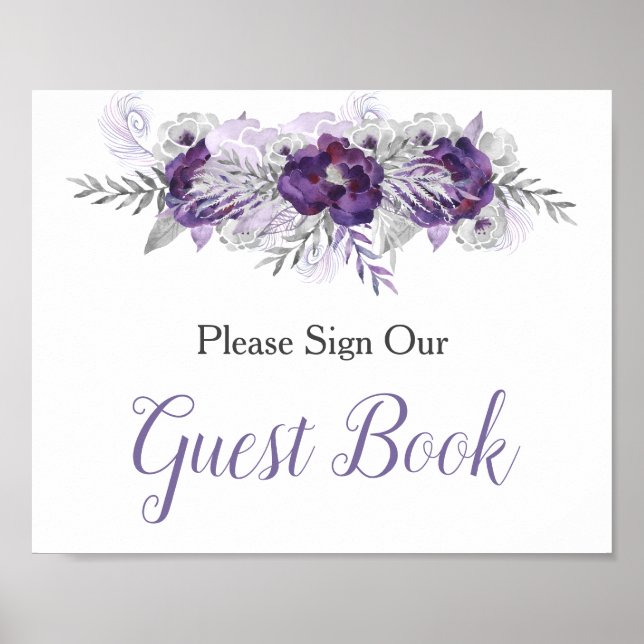 Purple Silver Gray Floral Guest Book Sign (Front)