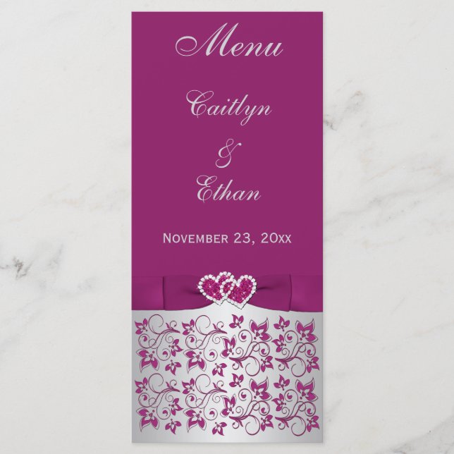 Purple, Silver Gray Floral, Hearts Menu Card (Front)