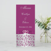 Purple, Silver Gray Floral, Hearts Menu Card (Standing Front)