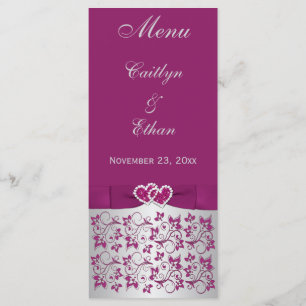 Purple, Silver Gray Floral, Hearts Menu Card