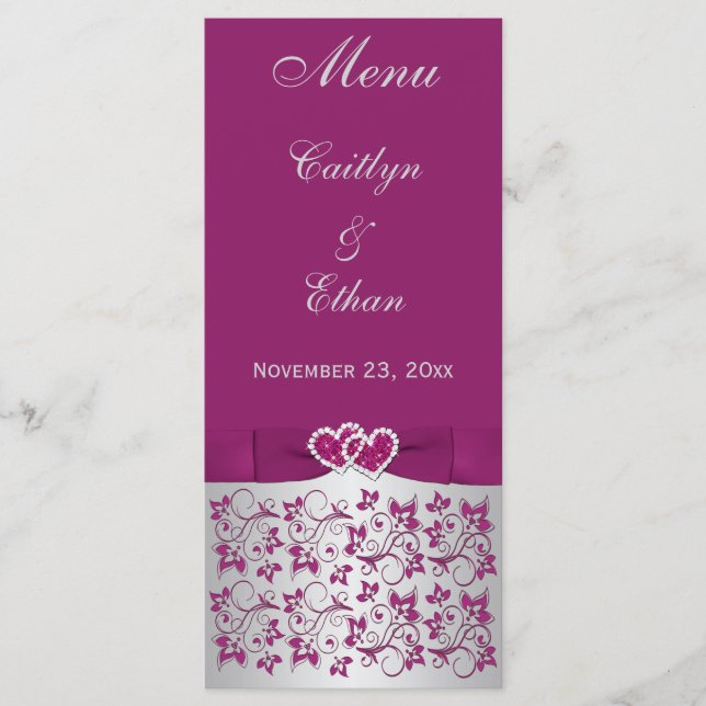Purple, Silver Gray Floral, Hearts Menu Card (Front)
