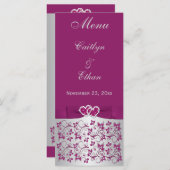 Purple, Silver Gray Floral, Hearts Menu Card (Front/Back)