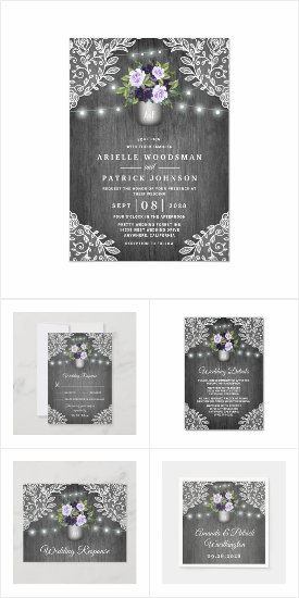 Purple Silver Gray Floral Mason Jar Wedding Set