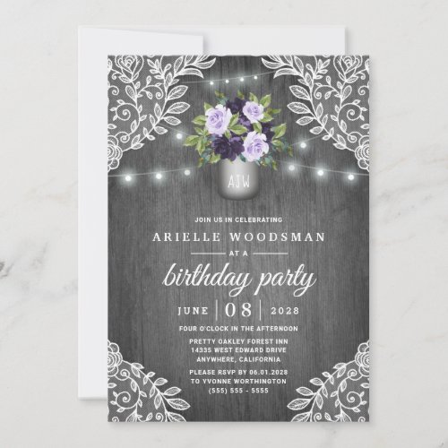 Purple Silver Gray Floral Rustic Birthday Party Invitation