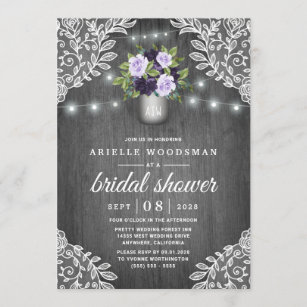 Purple Silver Gray Floral Rustic Bridal Shower Invitation