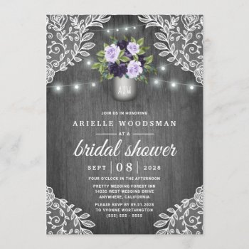 Purple Silver Gray Floral Rustic Bridal Shower Invitation by RusticWeddings at Zazzle