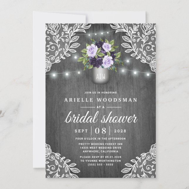 Purple Silver Gray Floral Rustic Bridal Shower Invitation (Front)