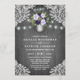 Purple Silver Gray Floral Rustic Engagement Party Invitation