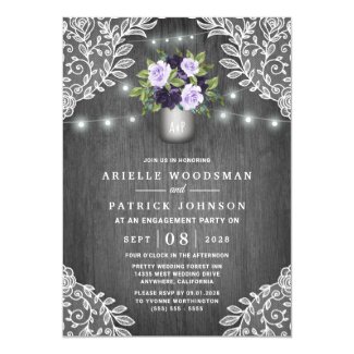 Purple Silver Gray Floral Rustic Engagement Party Invitation