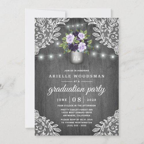 Purple Silver Gray Floral Rustic Graduation Party
