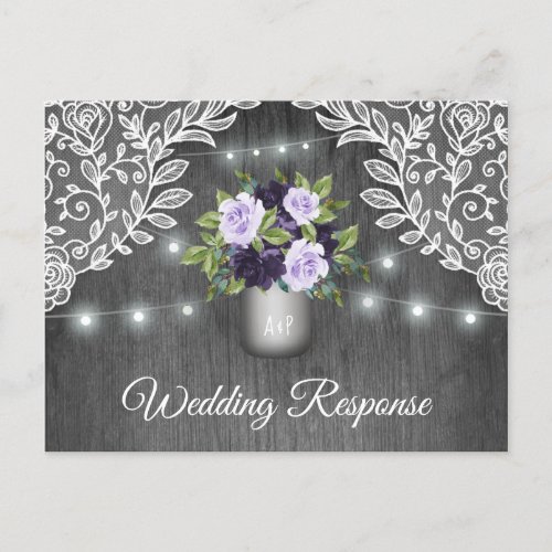 Purple Silver Gray Floral Rustic Jar Wedding RSVP Invitation Postcard