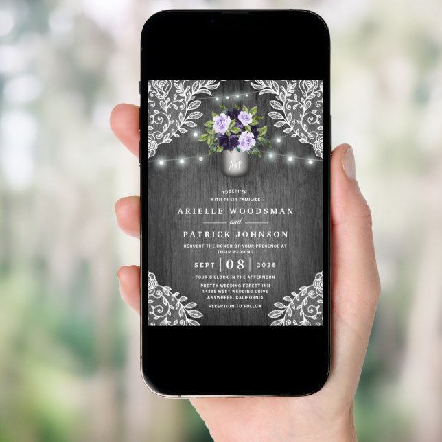 Purple Silver Gray Floral Rustic Mason Jar Wedding Invitation (Front Digital)