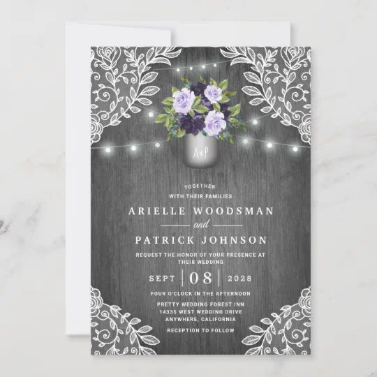 Rustic Summer Wedding Invitation,Purple,Lavender,Blush,Roses,Mason Jar Lights,Purple Barn Wood,Personalize,Printed Invitation,Wedding Set