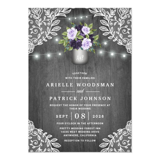 Purple Silver Gray Floral Rustic Mason Jar Wedding Invitation