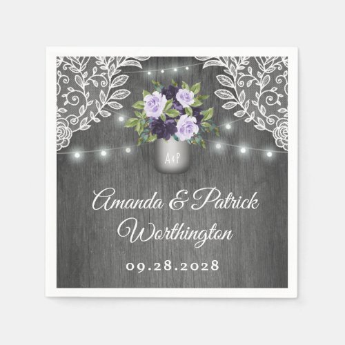 Purple Silver Gray Floral Rustic Mason Jar Wedding Napkins