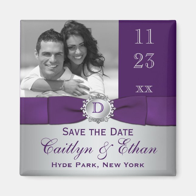 Purple, Silver Gray Floral Save the Date Magnet (Front)
