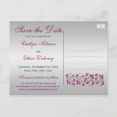 Purple, Silver Gray Floral Save the Date Postcard (Back)