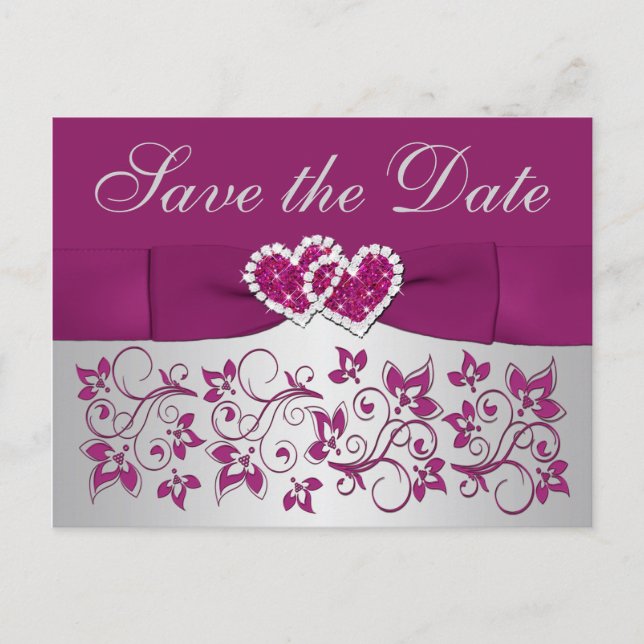 Purple, Silver Gray Floral Save the Date Postcard (Front)