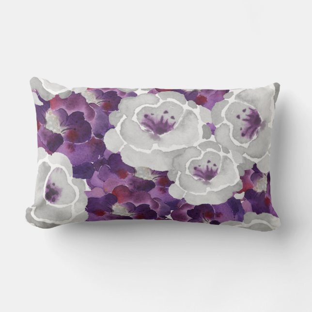 Purple Silver Gray Floral watercolor accent pillow (Front)