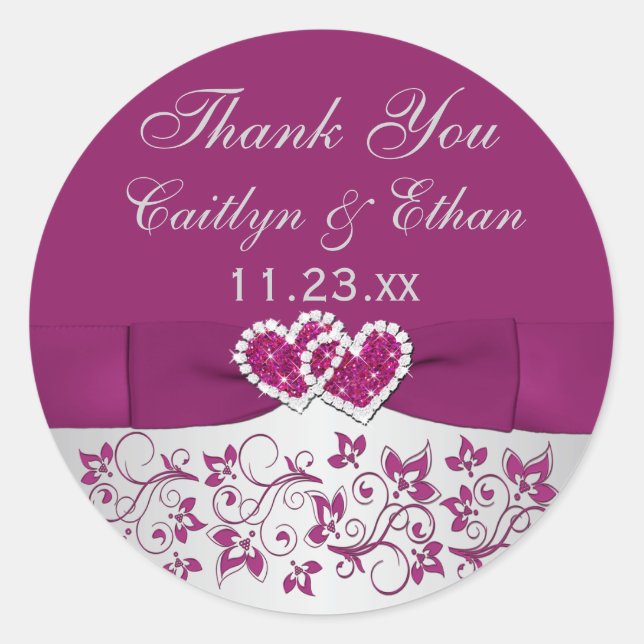 Purple, Silver Gray Floral Wedding Favor Sticker (Front)