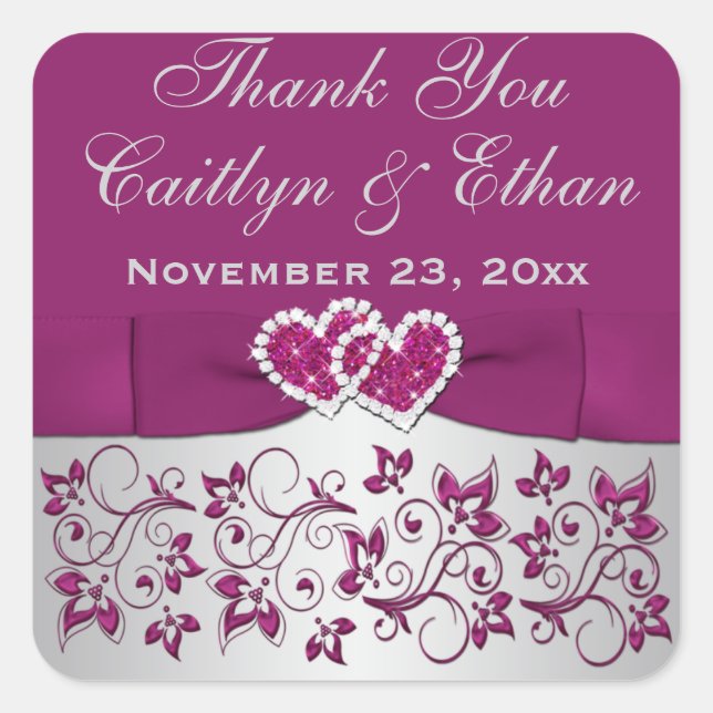 Purple, Silver Gray Floral Wedding Favor Sticker (Front)