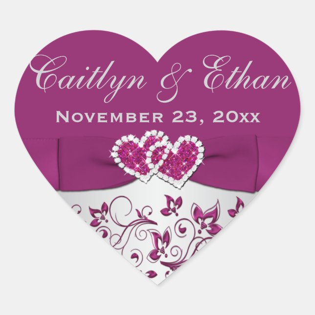 Purple, Silver Gray Floral Wedding Favor Sticker (Front)