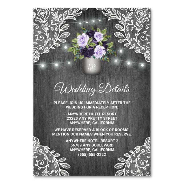 Purple Silver Gray Floral Wedding Insert Cards (Front)
