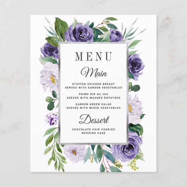 Purple Silver Gray Floral Wedding Menu Cards (Front)
