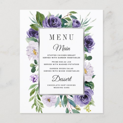 Purple Silver Gray Floral Wedding Menu Cards
