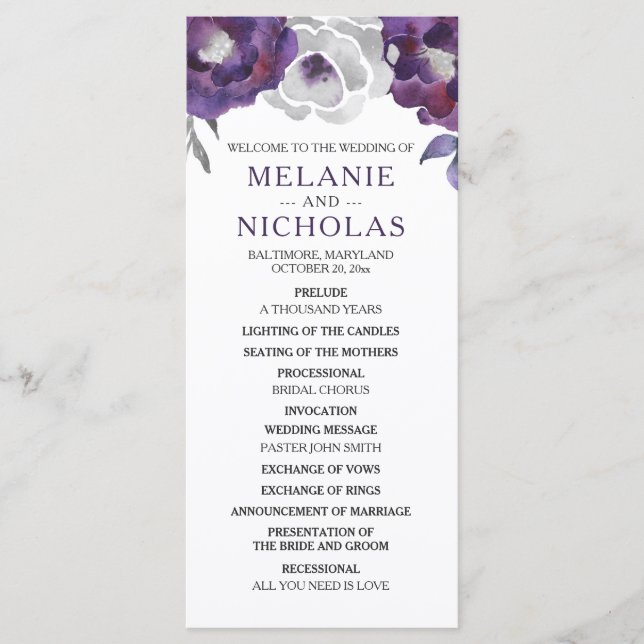 Purple Silver Gray Floral Wedding Program,  3953 Program (Front)
