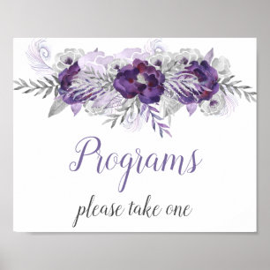 Purple Silver Gray Floral Wedding Programs Sign