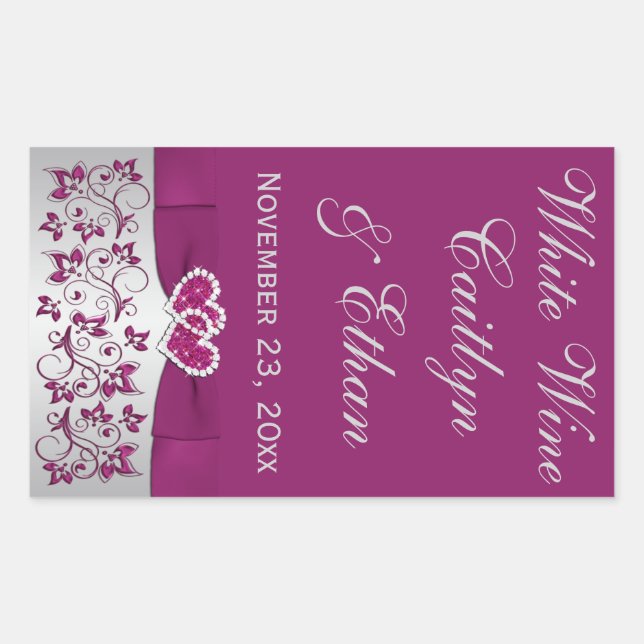Purple, Silver Gray Floral Wedding Wine Bottle Rectangular Sticker (Front)