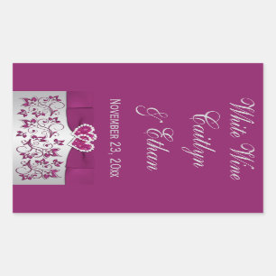 Purple, Silver Gray Floral Wedding Wine Bottle Rectangular Sticker