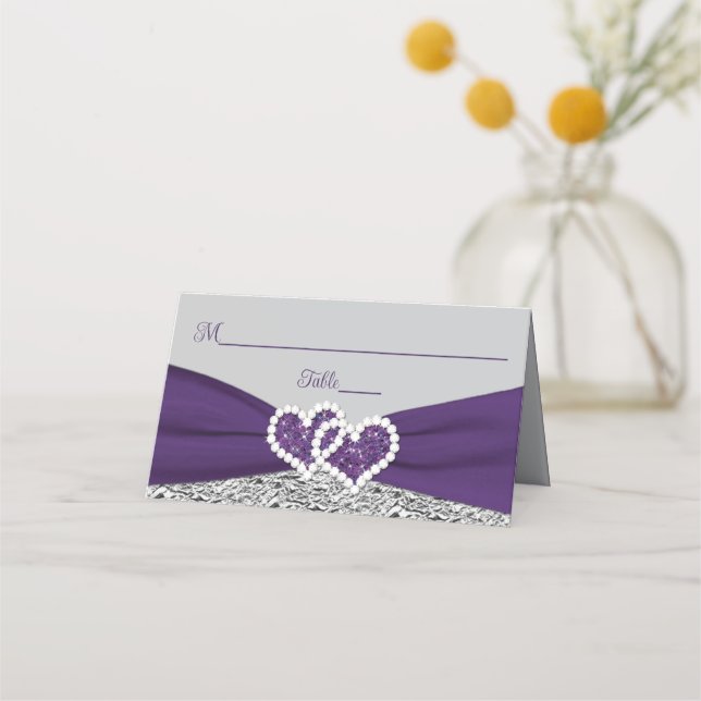 Purple, Silver, Gray Love Hearts Wedding Place Card (Front)