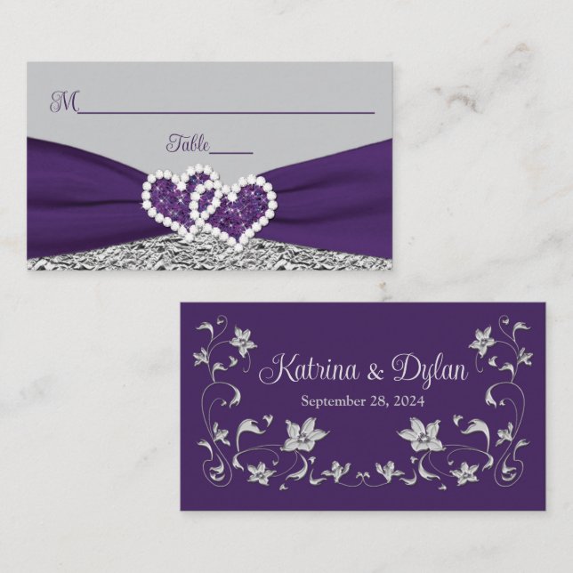 Purple, Silver, Gray Love Hearts Wedding Place Card (Front/Back)