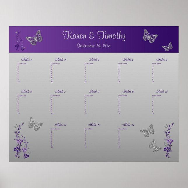 Purple, Silver Gray Table Seating Poster (Front)