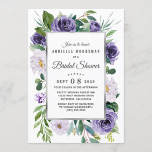 Purple Silver Gray Watercolor Floral Bridal Shower Invitation