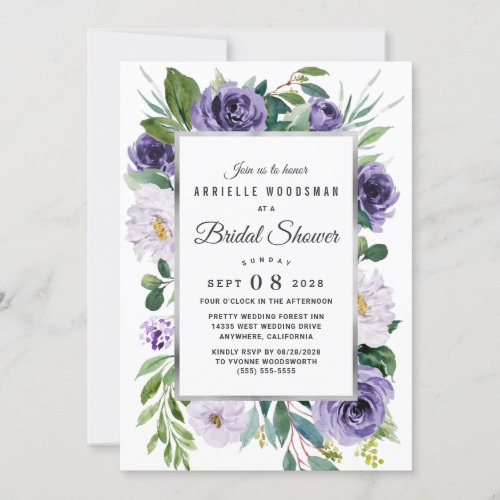 Purple Silver Gray Watercolor Floral Bridal Shower Invitation