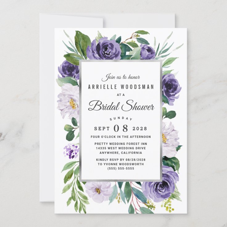Purple Silver Gray Watercolor Floral Bridal Shower Invitation | Zazzle