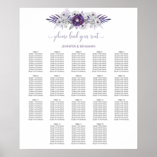 Purple Silver Gray Watercolor Floral Seating Chart