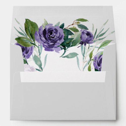 Purple Silver Gray Watercolor Floral Wedding Envelope