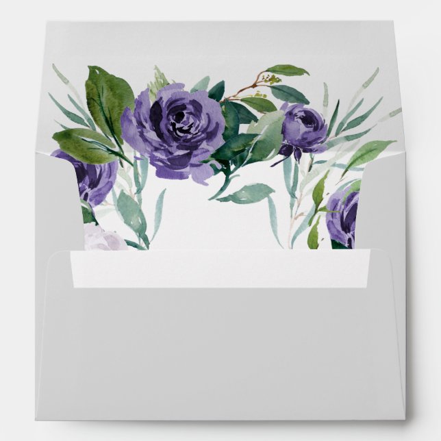 Purple Silver Gray Watercolor Floral Wedding Envelope (Back (Bottom))