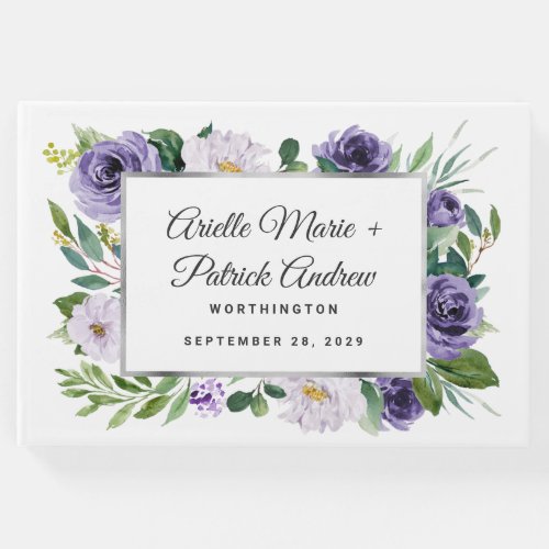 Purple Silver Gray Watercolor Floral Wedding Guest Book