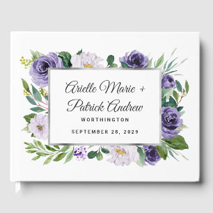 Purple Silver Gray Watercolor Floral Wedding Guest Book