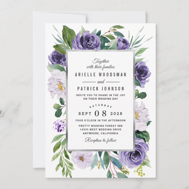 Purple Silver Gray Watercolor Floral Wedding Invitation (Front)