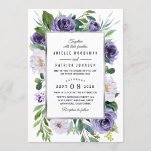 Purple Silver Gray Watercolor Floral Wedding Invitation